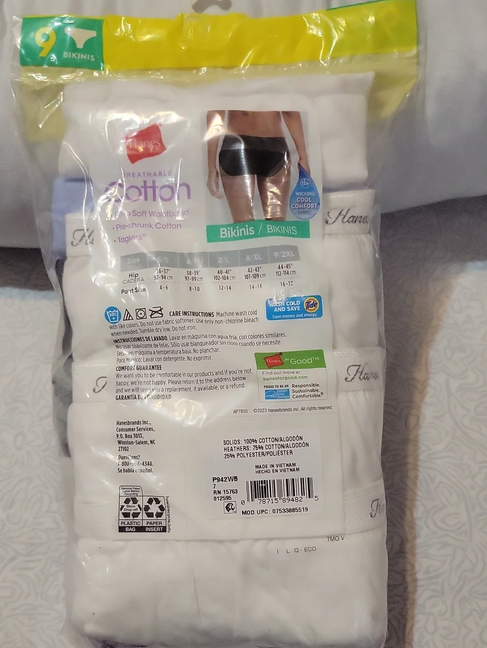 NEW Hanes Tagless Cotton Bikini Undies Size 7 / L - Pack of 9